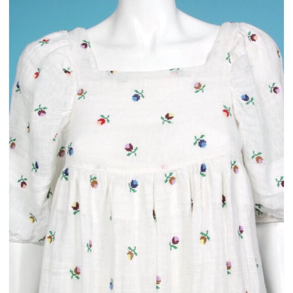 KIMCHI & BLUE White Floral Embroidered Folk Balloon Sleeve Babydoll Dress XS 114 - Picture 2 of 6